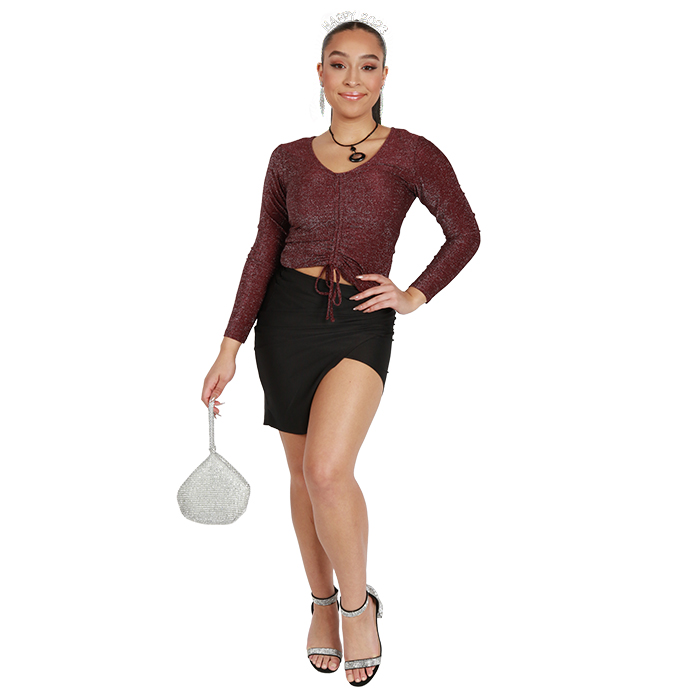  Burgundy "No Comment" Long Sleeve Front Ruched Tie Glitter Top are in. Pair this with our black "Chocolate" 17" Nylon Ponte Mini Skirt and black "Top" 4" Stiletto Platform Rhinestone Ankle Strap Heels.