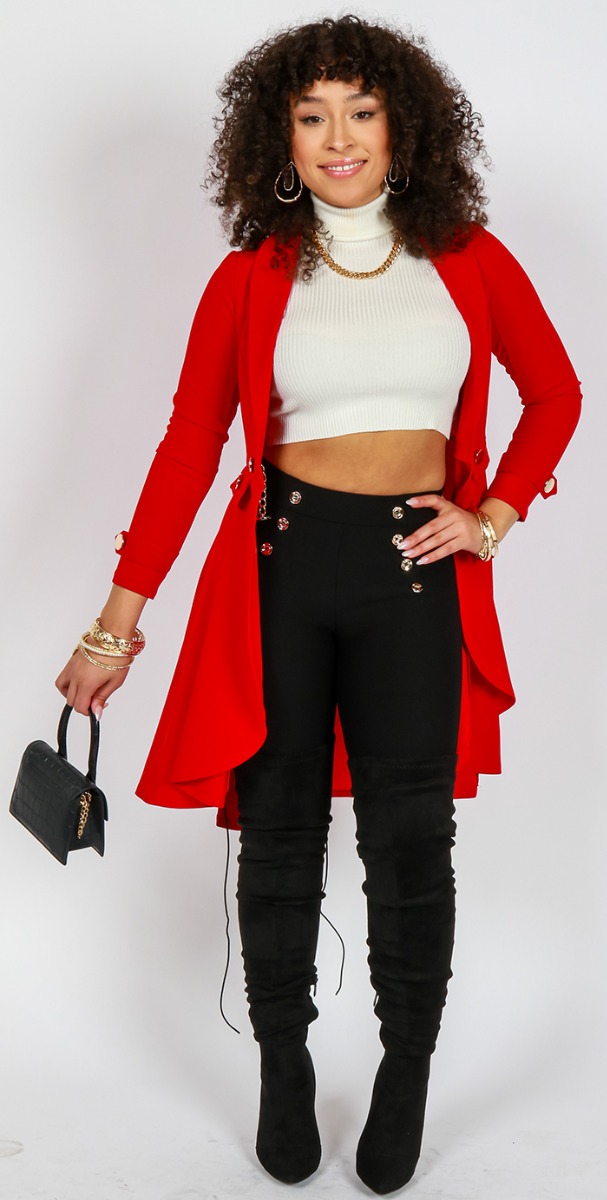 A sharp dressy outfit by Sydney Cooper showcases our red "Trende" Long Sleeve 43" Solid Hi-Lo Dressy Blazer over the white "Ambiance" Long Sleeve Crop Turtleneck Top, the black "Maze" Black Sailor Quad Button Ponte Pants and the black "Forever" 4 1/2" Stiletto Back Lace Up Over the Knee Boots.