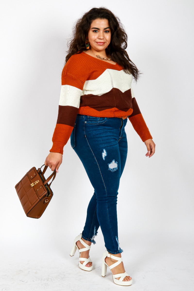 Sydney's My Melrose look features the rust "Full Circle" Long Sleeve Crisscross Knit Colorblock Sweater paired with the "BR" 26" Dark 10" 5-Button Distressed Cuffed Denim Jeans and the white "Top" 4 1/2" Platform Double Crisscross Heels
