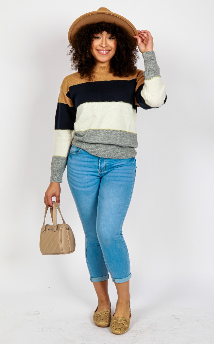  Sydney's look for My Melrose: "Chocolate" Long Sleeve Colorblock Sweater Top in a quad color combination of a dull gold, dark navy, white, and grey, the "Wax" 24" Light Wash Cuffed Ankle Grazers and the "Atalina" Comfort Casual Moccasins