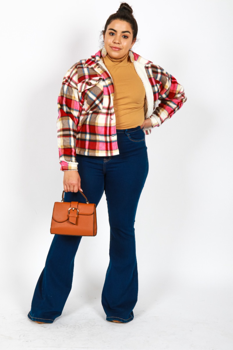 Sydney's look for My Melrose: "Taxi" Sherpa Lined Plaid Patterned Heavy Jacket Plus layered over the "Ambiance" Long Sleeve Casual Basic Turtleneck Shirt, "Sweet Look" Super Dark Wash Denim Flare Jeans and the "Forever" 3" Lug Suede Zip Up Heeled Booties