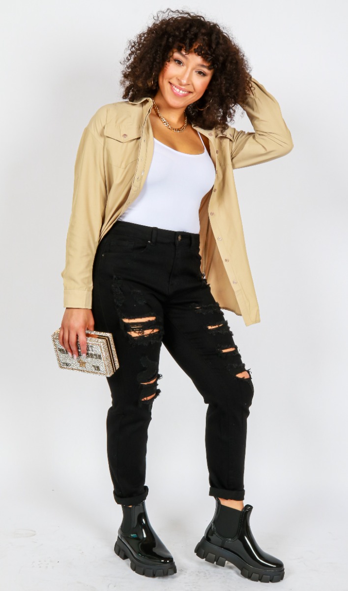 Cool and trendy, Sydney Cooper's outfit for My Melrose highlights the "Myth" Long Sleeve Two Pocket Boyfriend Button Down Top, "Wax" 27" Black Boyfriend Distressed Denim Jeans, and the "Forever" 2" Platform Patent Booties