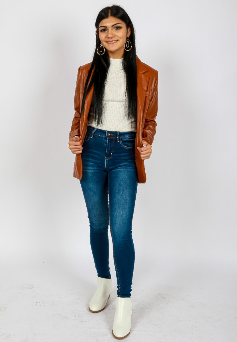 This My Melrose look by Sydney Cooper features the brown "Love Tree" Long Sleeve Pleather Blazer layered over the white "Love Tree" Long Sleeve Crew Neck Knit Top, "Wax" 24" Dark Wash Denim Skinny Jeans and the white "Top" 2" Stack Pleather Heeled Booties
