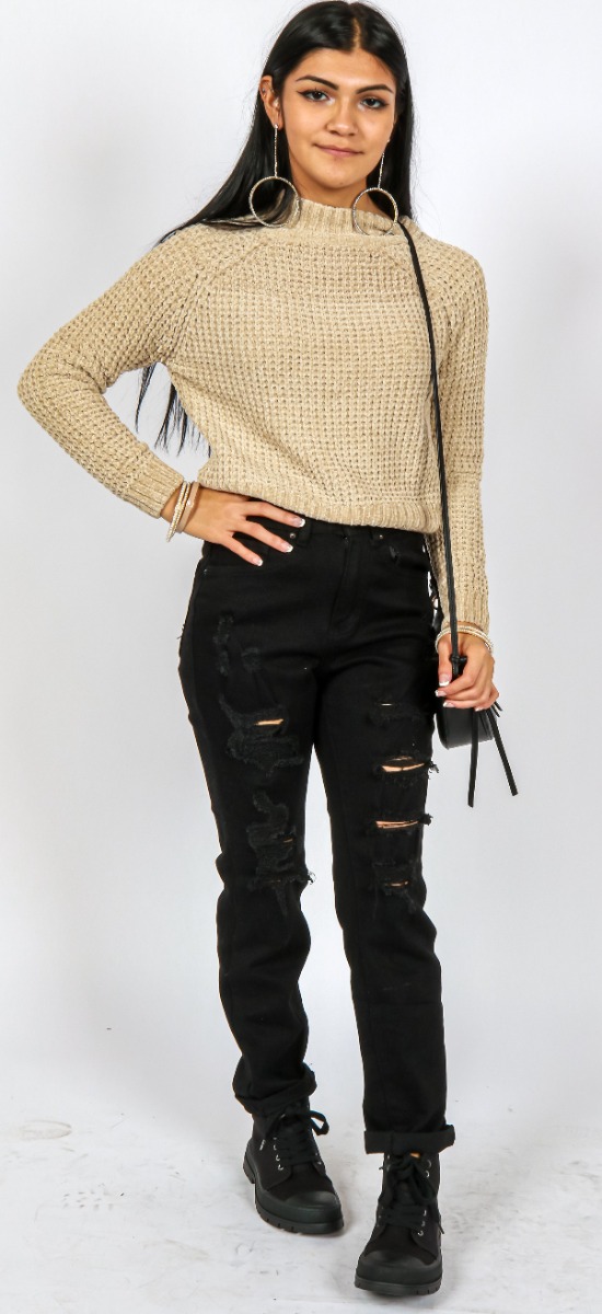 This My Melrose look by Sydney Cooper features the cool toned cement "Poof" Shiny Chenille Knit Sweater paired with the "Wax" 27" Black Boyfriend Distressed Denim Jeans and the Women’s Soda Canvas Lug Sole High-Top Sneakers.