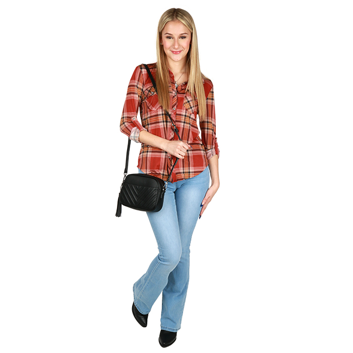 Pictured is a My Melrose style by Sydney Cooper showcasing our our "Papermoon" Long Sleeve Plaid Flannel with some "GV" 32" Light 11" Flare Jeans and a pair of sturdy black "Soda" 7" Cowboy Boots 