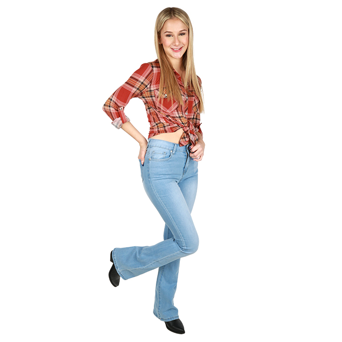 Pictured is a My Melrose style by Sydney Cooper showcasing our our "Papermoon" Long Sleeve Plaid Flannel with some "GV" 32" Light 11" Flare Jeans and a pair of sturdy black "Soda" 7" Cowboy Boots 