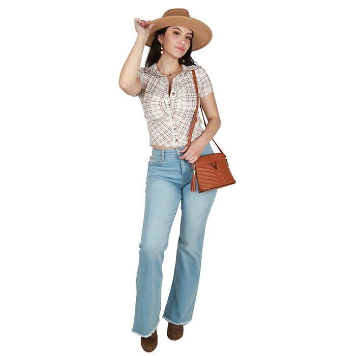 My-Melrose-plaid-short-sleeve-top-frayed-flare-jeans-western-boots