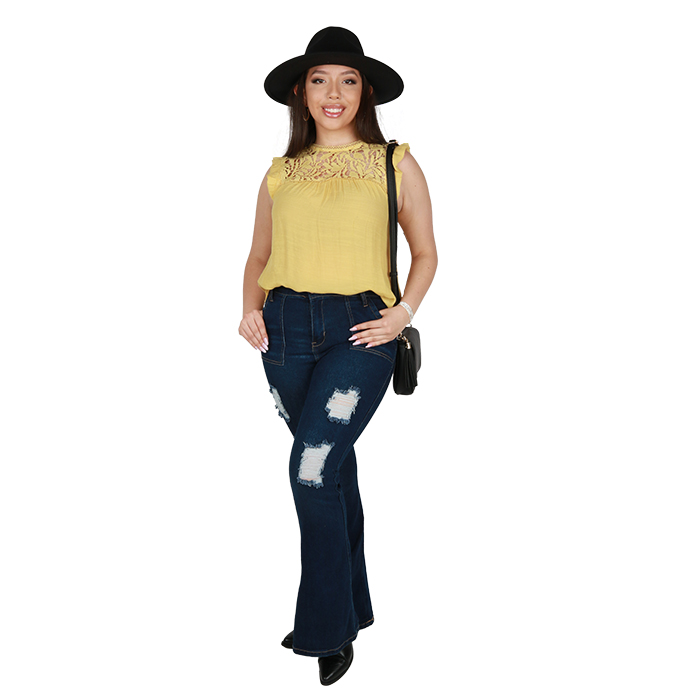 My-Melrose-yellow-sleeveless-top-distressed-flare-jeans-western-boots