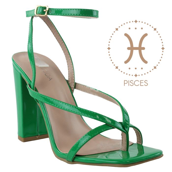 Pictured is the Pisces zodiac symbol and a green strappy high heel