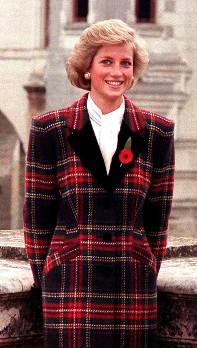 Pictured is the late Princess Diana in her royal interpretation of the classic plaid flannel shirt, only in jacket form and fit for royalty