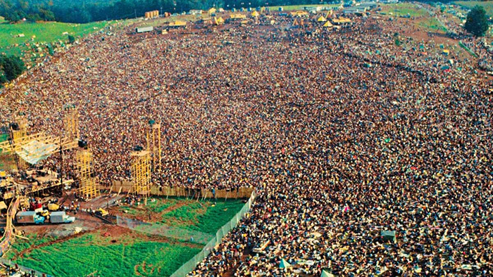 Aerial view of Woodstock music festival in 1969
