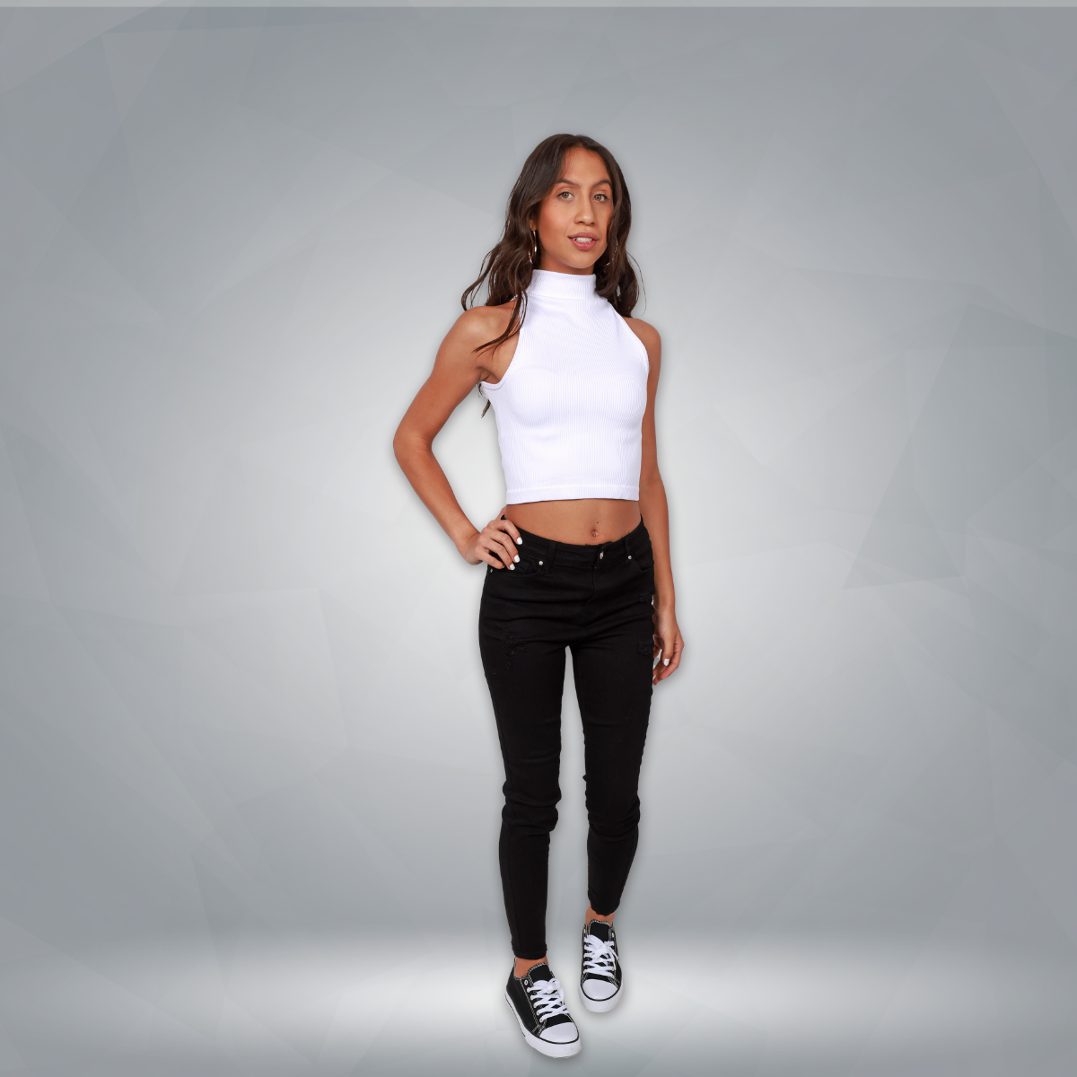 Pictured above is a My Melrose look by Jacqueline Castillo featuring our white "Cotton" Sleeveless Mock Top, "Wax" 27" Black Denim Skinny Jeans, and "S-3" Low Top Canvas Sneakers.