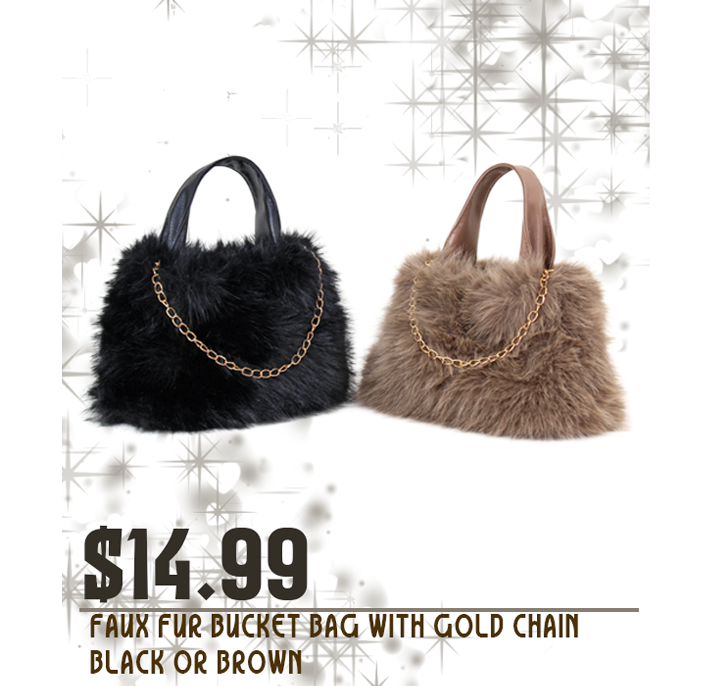 Black and brown fur bucket bags with gold chain