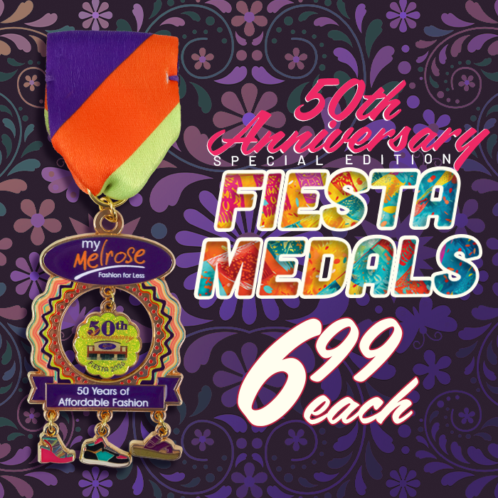 Image of the 2026 Fiesta Medal which is features a multicolor halo with a sparkly lime green pendant that commemorates Melrose's 50th anniversary and 3 dangling shoe charms.