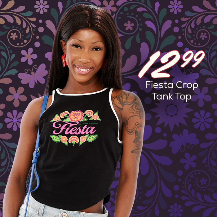 Young woman wearing a black tank top wiith white piping and a floral fiesta logo on the chest