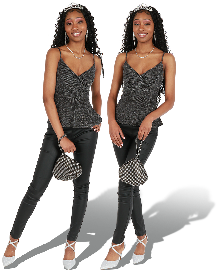 Two images of model showcasing glitter tank & pleather style