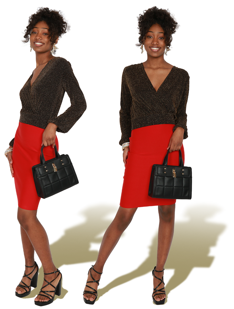 Two images of model wearing glittery V neck and red pencil skirt