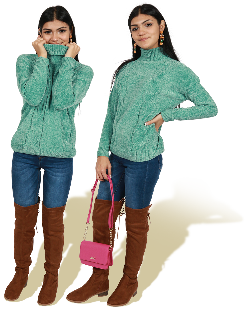 Plush Sweaters - 2 images of model showcasing sweater, skinny jeans and over knee boots