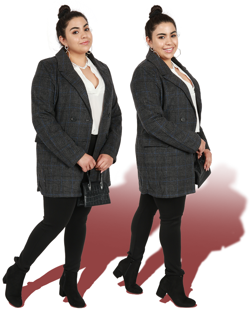 Two images of model wearing plaid blazer, 3/4 sleeve, fleece ponte pants and 3" heel booties