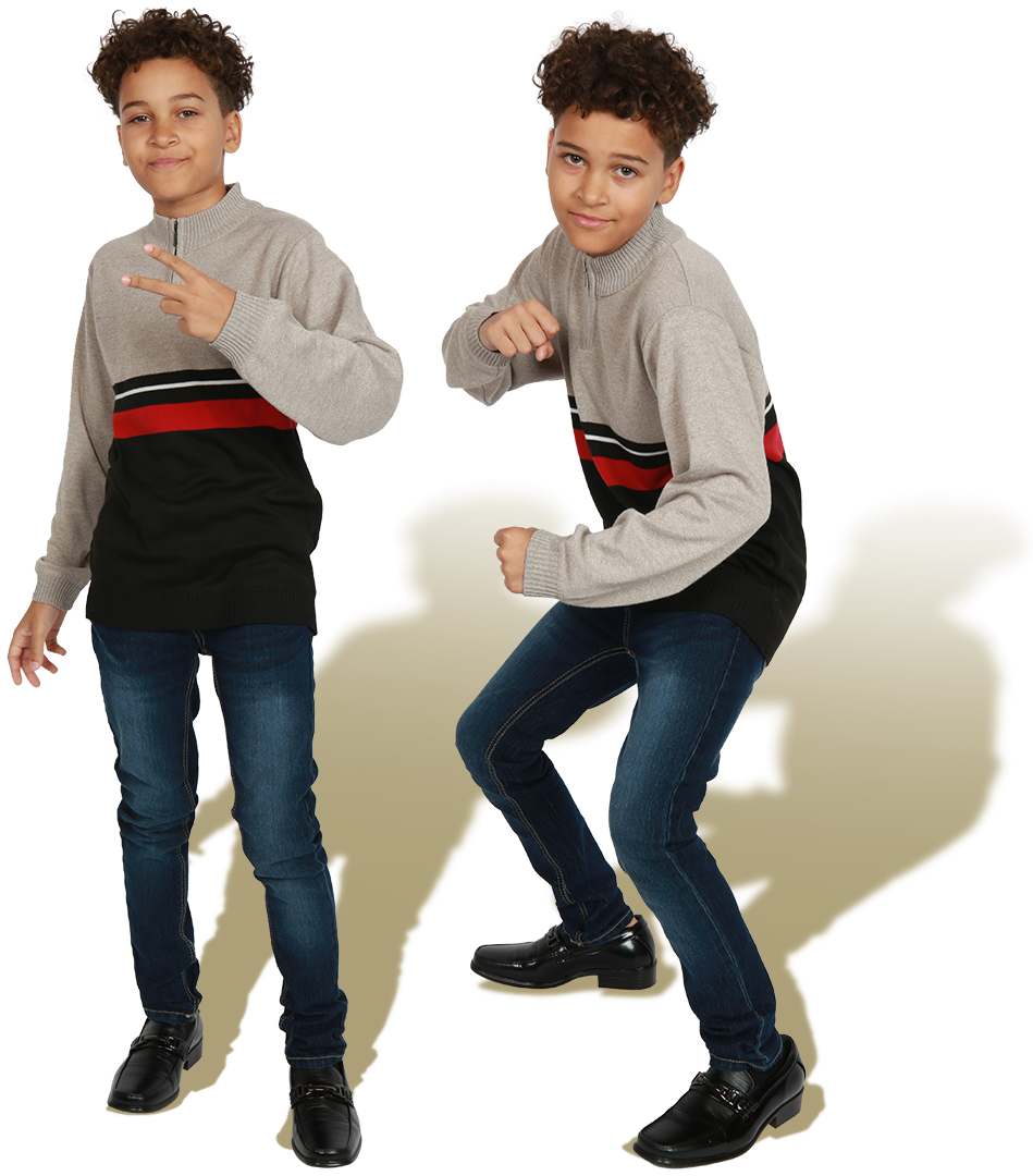 Two images of boy modeling quarter zip sweater and jeans