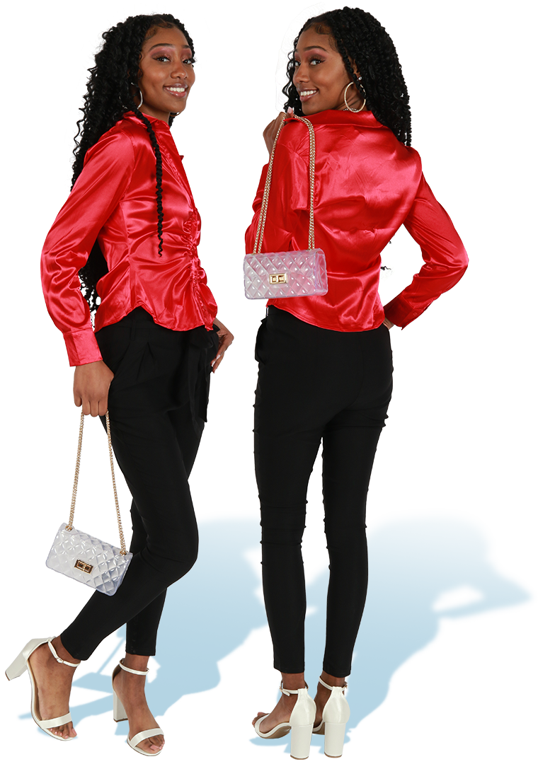 Two images of model showcasing Satin Top and Paperbag Pants
