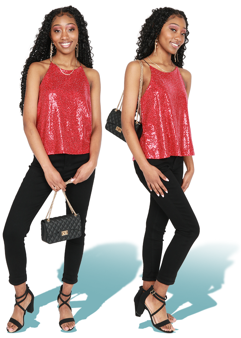 Two images of model showcasing Sequin top and Skinny Jeans style