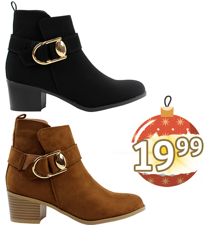 1.5" Stack Heel Faux Suede Gold Buckle Booties $19.99