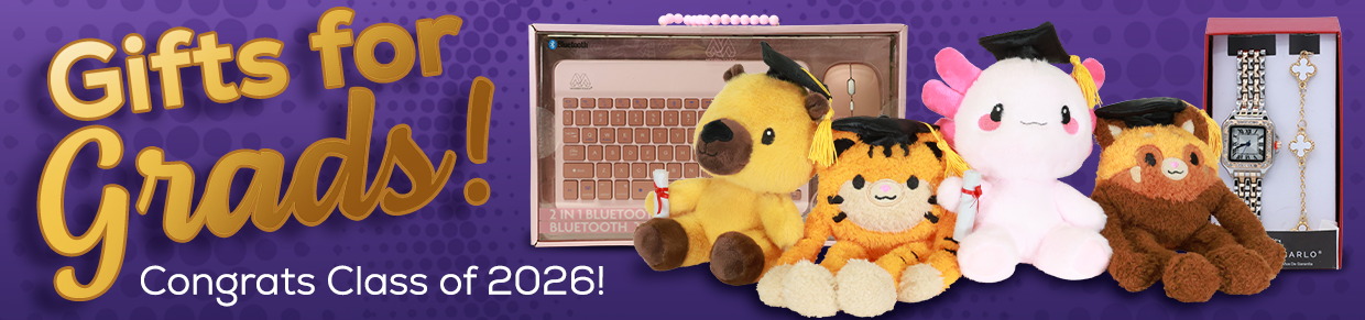 Gifts for Grads banner featuring a keyboard and mouse combo, graduation plushies and a boxed watch gift set.