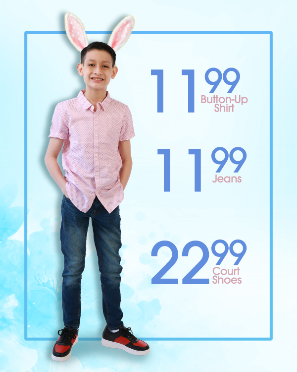 boy wearing button up light pink/red shirt, jeans & with red and black shoes 