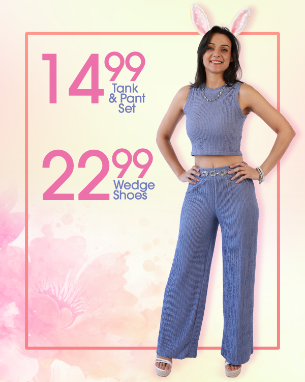 Woman in blue tank and pant set in light floral background