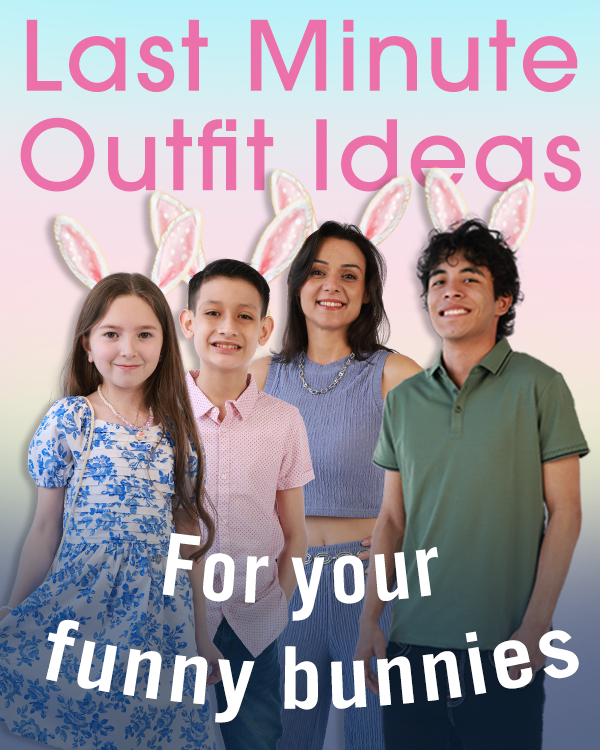 family gathered with bunny ears txt reads "Last Min Ideas for your funny bunnies"