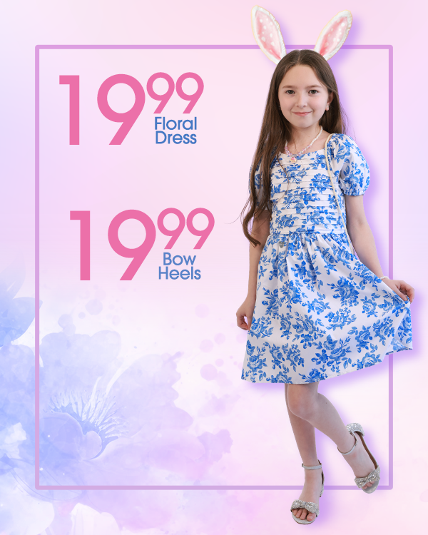 Girl with blue floral dress and glitter silver heels with a bow