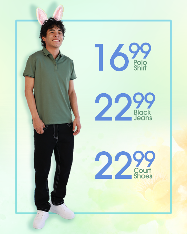 Man in green polo and black jeans with white stitching and white court shoes