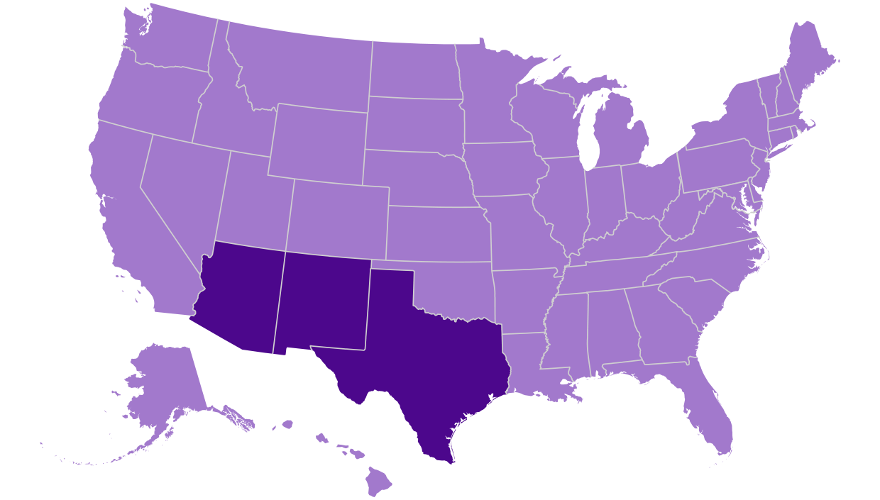 United states map with Texas, New Mexico, Arizona highlighted to indicate states that My Melrose is seeking to open new locations in. Click to view our store locator to see exactly where our stores are located.