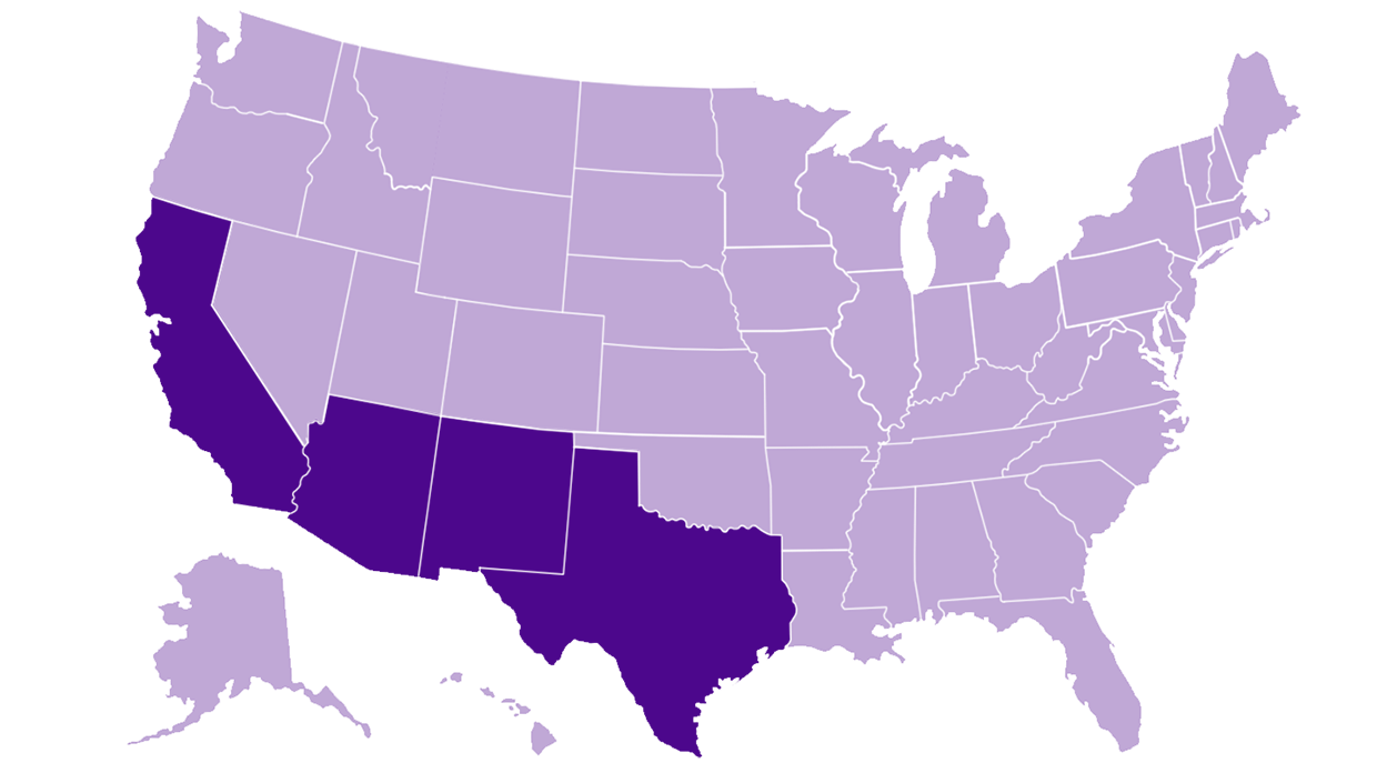 United states map with Texas, New Mexico, Arizona and California highlighted to indicate states that My Melrose stores are currently in. Click to view our store locator to see exactly where our stores are located.