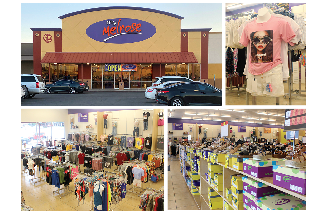 Photo collage showcasing My Melrose store front, styled bust form, overhead view of ladies department and a photo of our shoe department.