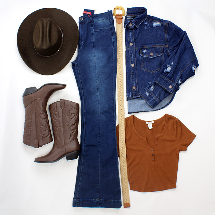 The Real McCoy look featuring denim jacket, jeans, crop top, hat and pleather boots