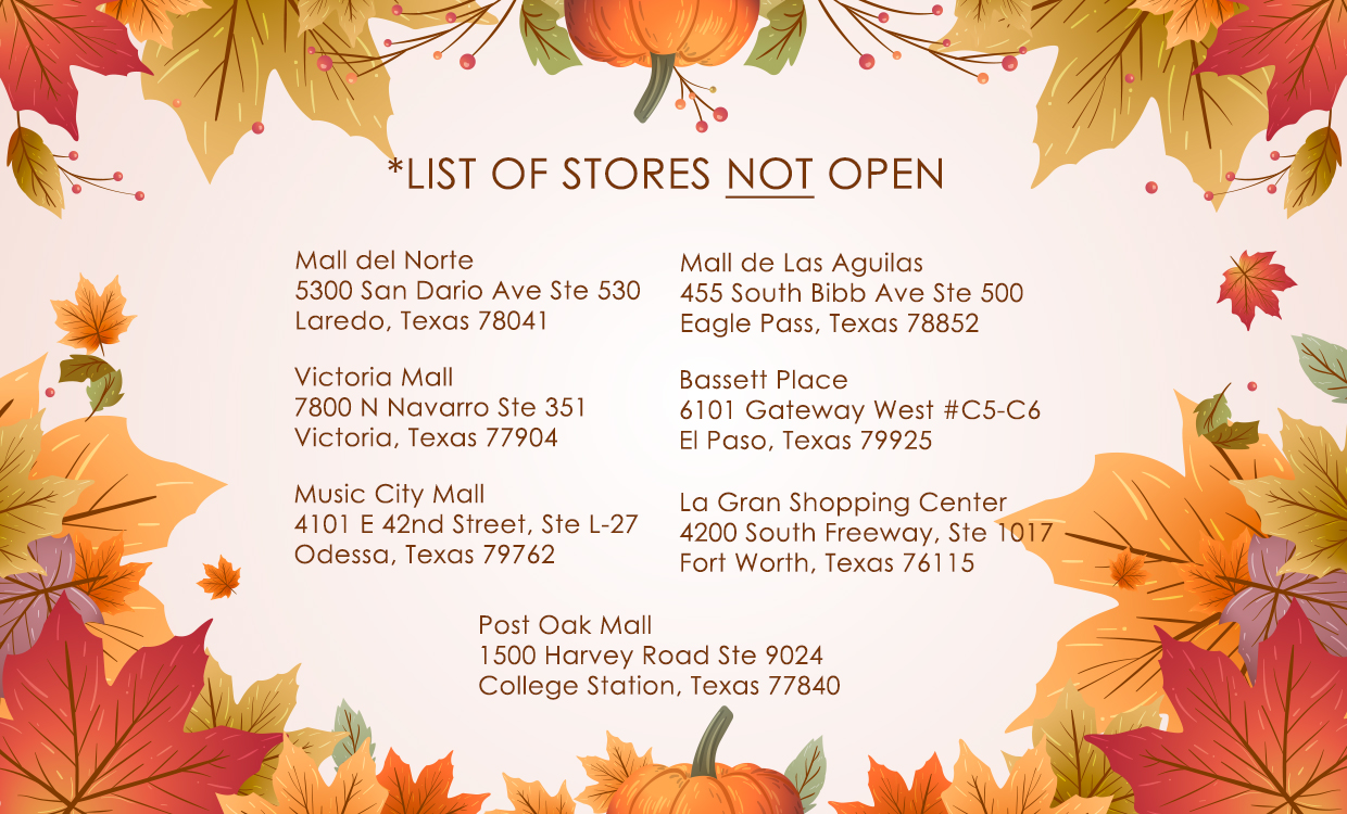 List of stores not open: Mall del Norte , Victoria Mall, Music City Mall, Post Oak Mall,Mall de Las Aguilas, Bassett Place, La Gran Shopping Center